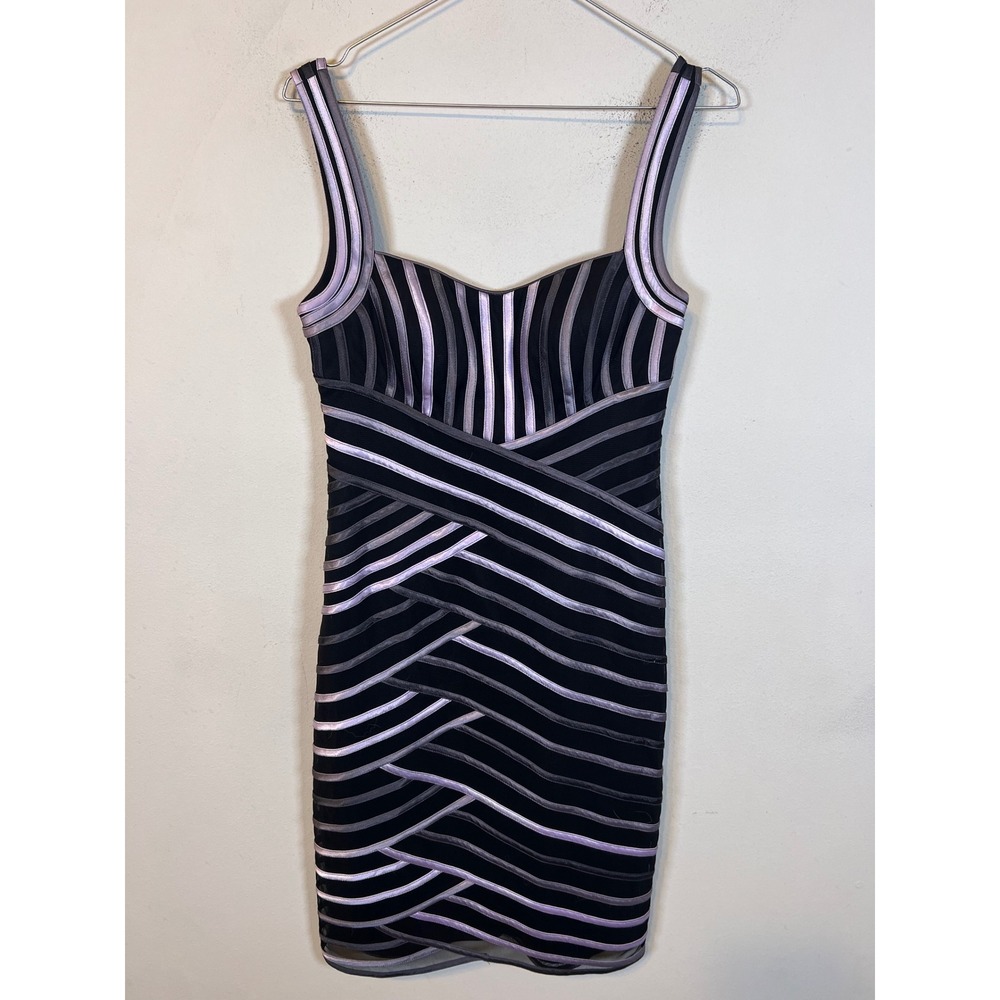 JS Collections Womens Bodycon Dress Ribbon Striped Black Lavender Size 4